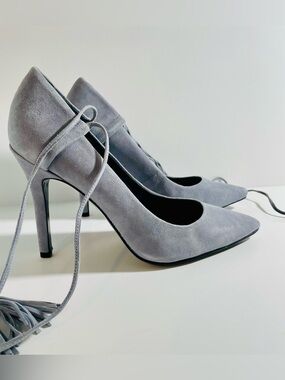 GUESS Suede Tassel Ankle-Tie Heels - Light Gray